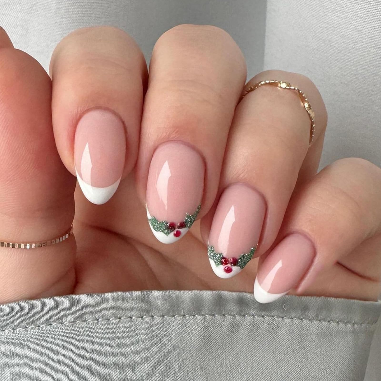 Ceboic Christmas Press on Nails Almond Short, 30PCS French White Tip False Nails with Cute Xmas Elk Design, Acrylic Full Cover Fake Nails Kit, Winter Natural Stick on Nails for Women and Girls