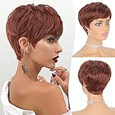 FESHFEN Pixie Cut Wigs Synthetic Short Copper Red Pixie Haircut Wig with Bangs Glueless Layered Wig Wavy Wigs for Women, Daily Cosplay Use