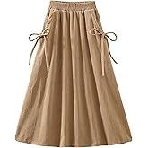 Womens Winter/Spring Midi A-Line Imitation Corduroy Skirt Pleated Elastic Waist Ruffle Bow Tie Skirt