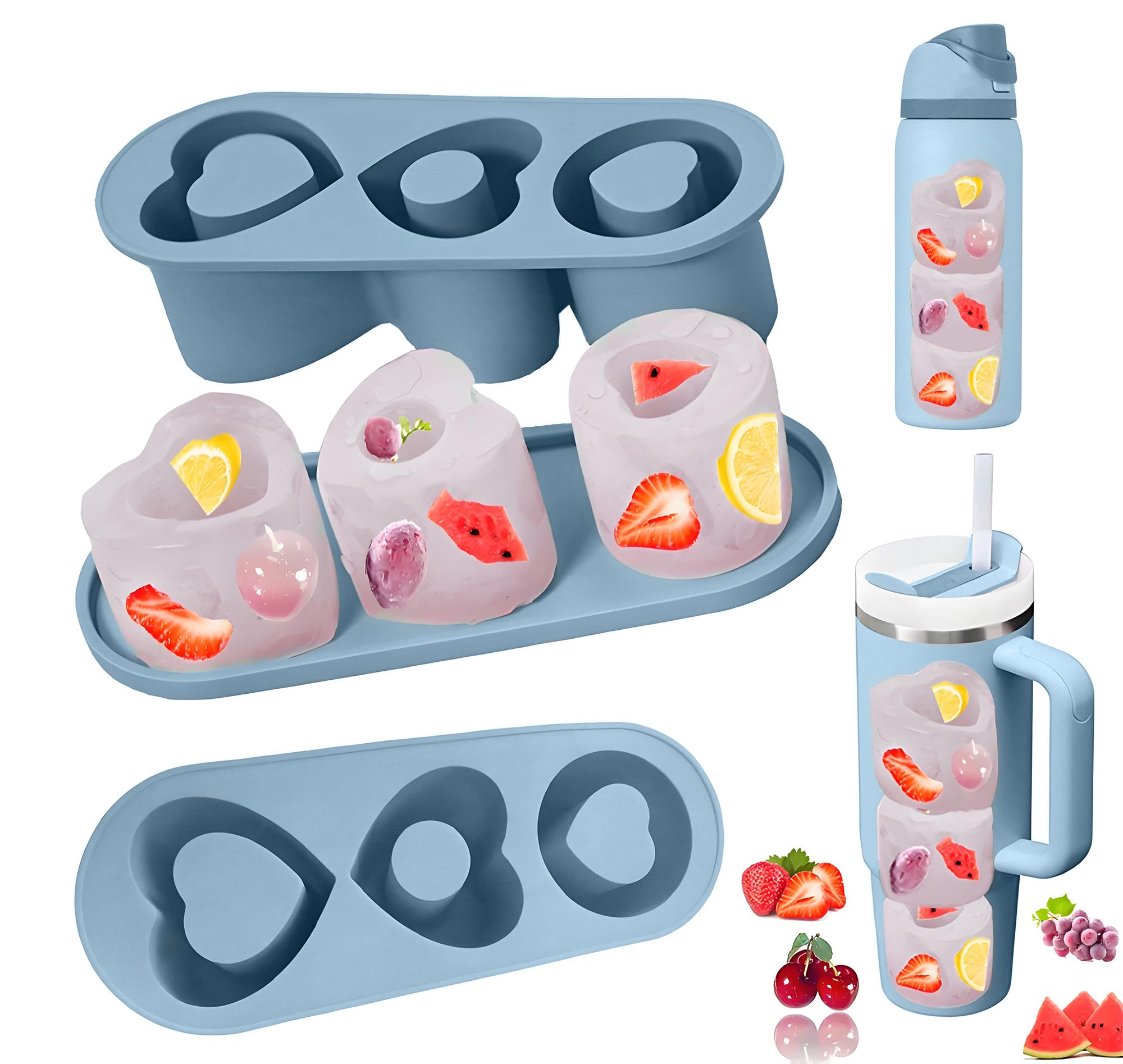 Photo 1 of Halloween Ice Cube Trays for Stanley Cup 20 30 40 OZ Heart Shape Silicone Ice Cube Tray with Lid, Stanley Cup Accessories Ice Molds for Owala Water Bottle Ice Maker Tumbler Ice Mold (Blue, 20-30 OZ)