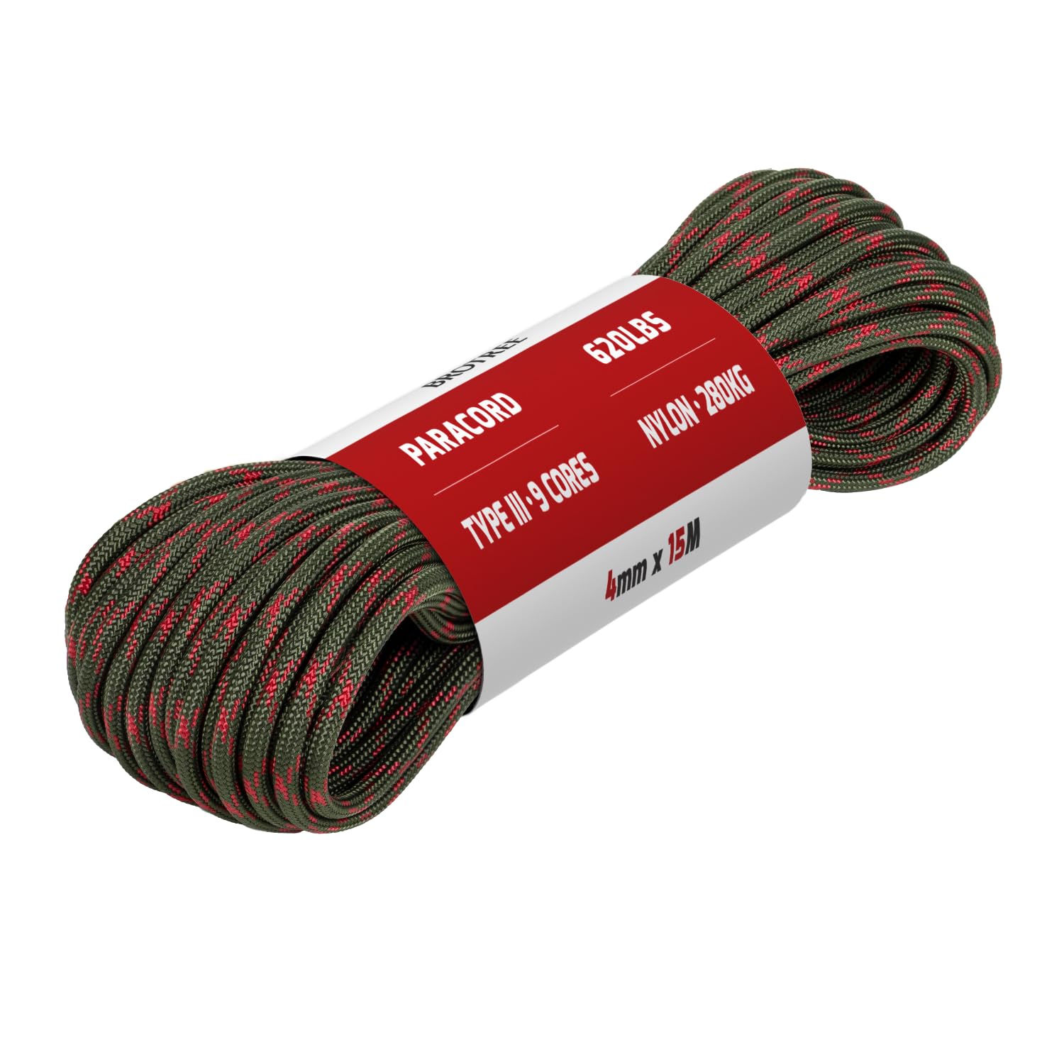 Brotree Paracord 4mm 15M 9 Strands 100% Nylon Rope Type 3 Parachute Cord for Outdoor, Bracelet, DIY - 280kg Breaking Load (Apocalypse)