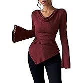 Bell Long Sleeve Cowl Neck Tops for Women, Y2K Ruched Asymmetrical Ribbed Fitted Shirts Going Out Fall Clothes