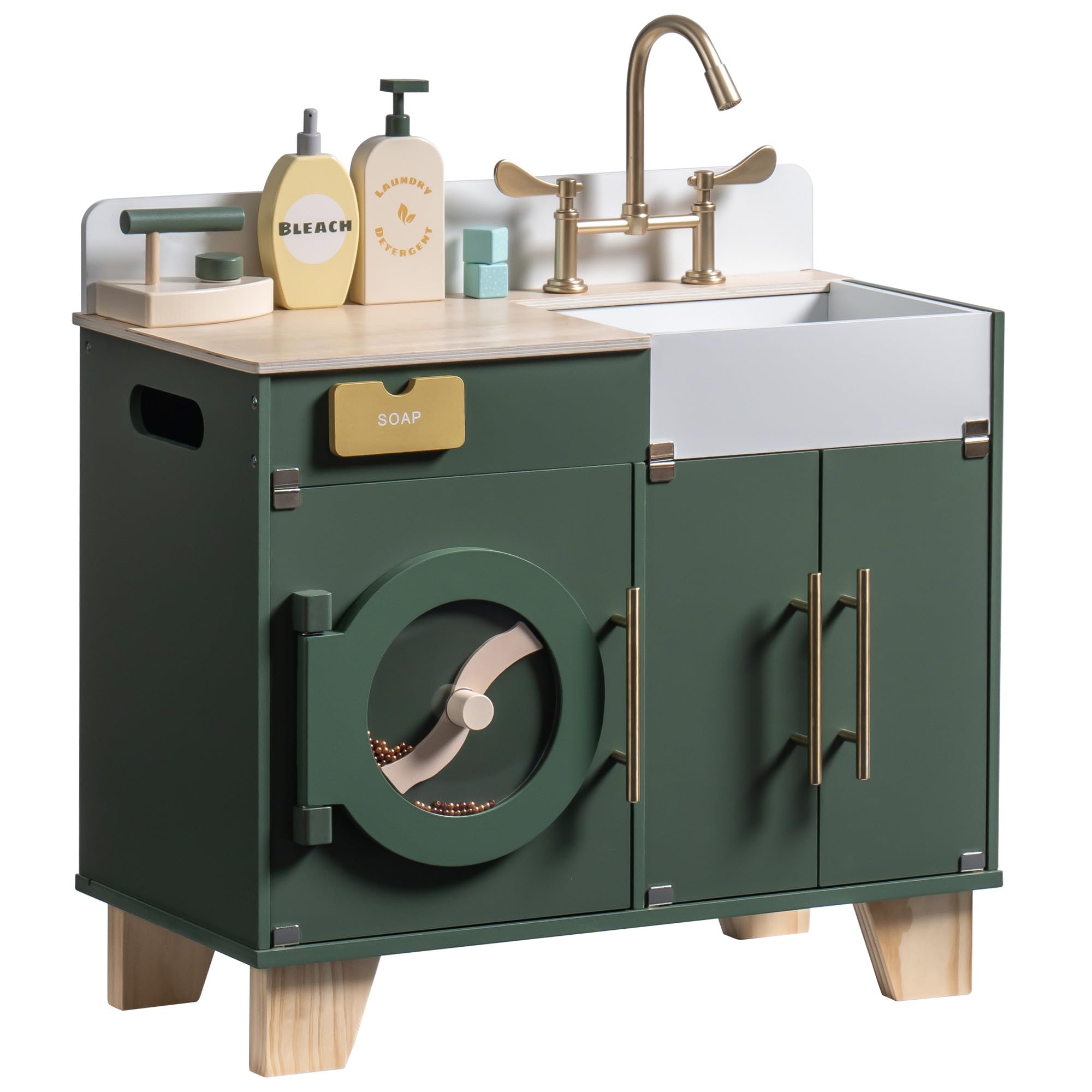 ROBOTIME Toy Washing Machine, Wooden Kids Washer and Dryer, Pretend Playset with Accessories, Realistic Sound & Iron Look, Toddler Play Kitchen Gift for Boys Girls Aged 3+, Vintage Green