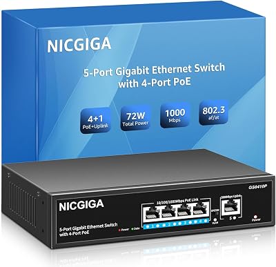 NICGIGA 5 Port Gigabit PoE Switch 4 PoE+ Ports 72W VLAN Fanless Metal Rack Mount