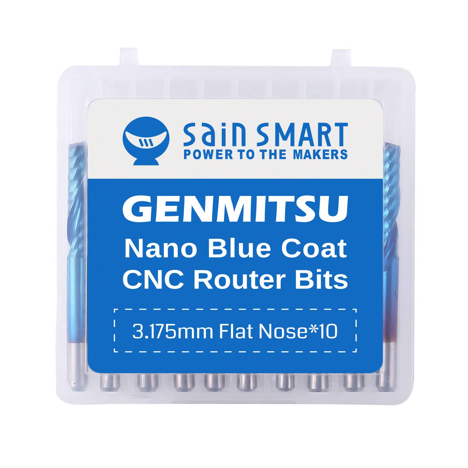 SainSmart Genmitsu 10Pcs Nano Blue Coat Flat Nose End Mill CNC Router Bits, 1/8
