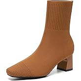 BZIKBGE Women’s Elastic Knit Fashion Block Heel Ankle Boots Comfort Breathable Square Toe Slip On Casual Chunky Heel Sock Booties Fall Winter Dress Booties