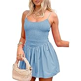 Nsbonu Women's Smocked Mini Dresses Summer Beach Sundress High Waist Casual Spaghetti Strap Swing A Line Babydoll Mini Dress