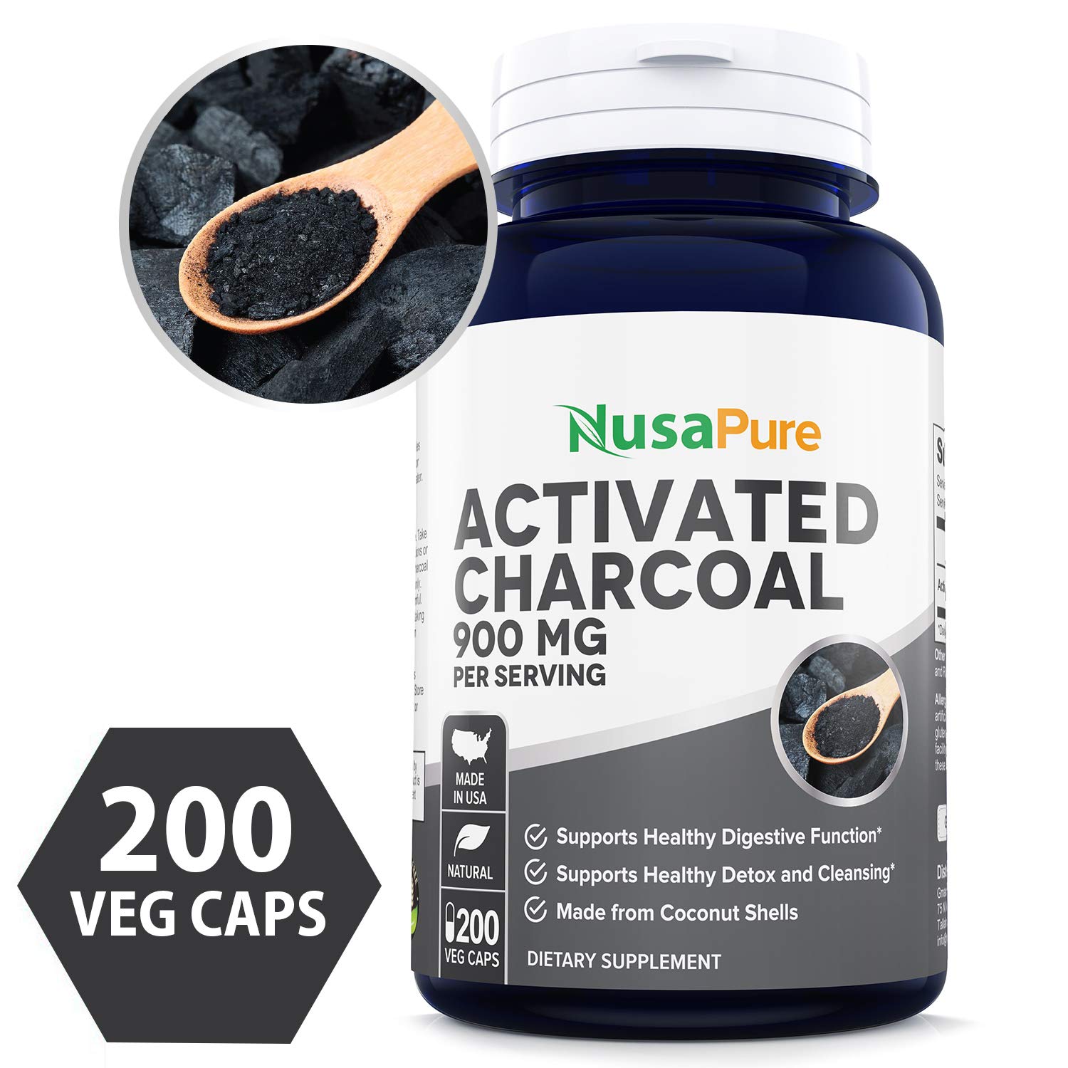 Activated Charcoal 900mg 200 Veggie Capsules (NonGMO & Gluten Free