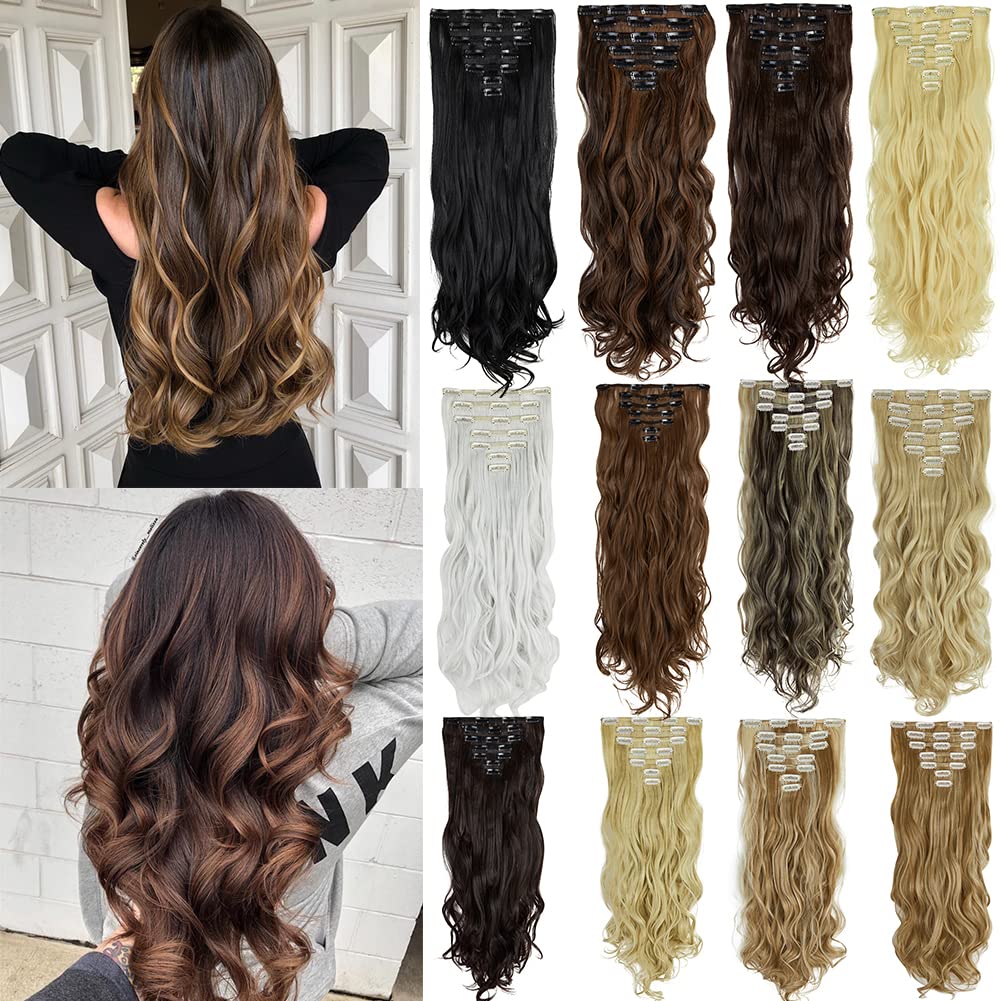 DODOING 24 Inch Clip in Hair Extension 7Pcs 16 Clips Curly Thick Full Head Clip on Synthetic Hair Extension Double Weft Hair Extensions Wavy Hairpieces for Women (Silver Grey)