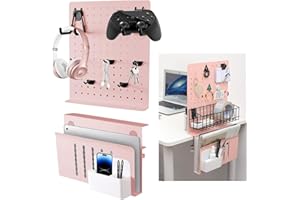 MILEGI Clamp-on Desk Pegboard Desk Side Storage, 2 in 1 Magnetic Metal Peg Board Hanging Desk Organizer with 12 Hooks, Privacy Panel for Office Gaming Desk, Laptop Holder Desk Accessories Pink