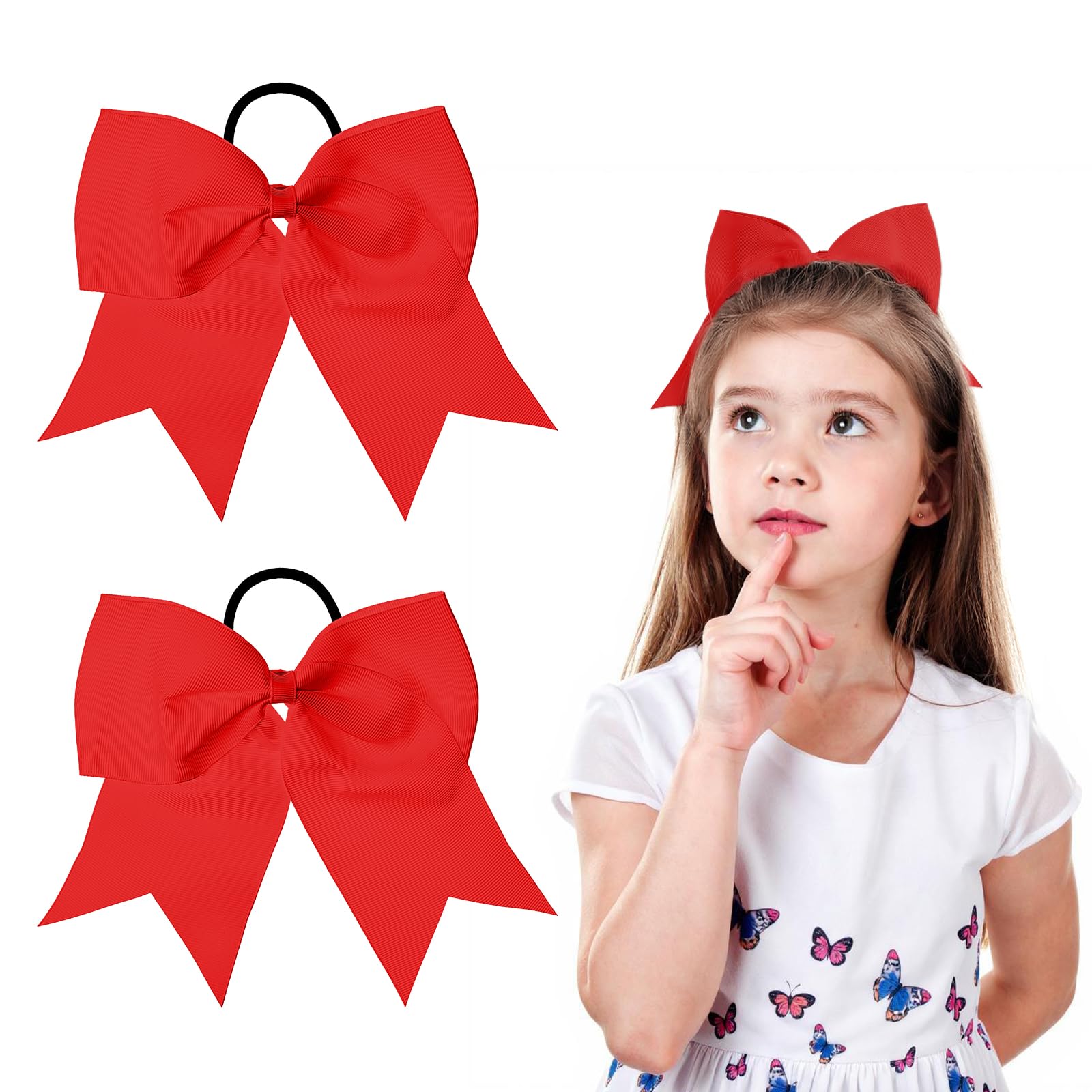 Photo 1 of 2 PCS Red Cheer Bow, 8 In Big Red Softball Bows for Girls, Elastic Cheer Bows for Cheerleaders, Cheerleading Bow Ponytail Holder for Women and Girls