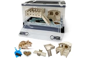 Niwaes Foldable Dwarf Hamster Cages Kits 6 Pack Portable Rat Cage with Wheels -360° Viewing Transparent Plastic Habitat and Mice Castle House, Platform, Food Bowl for Mouse Black 15.5X 11.6 x 9.4in