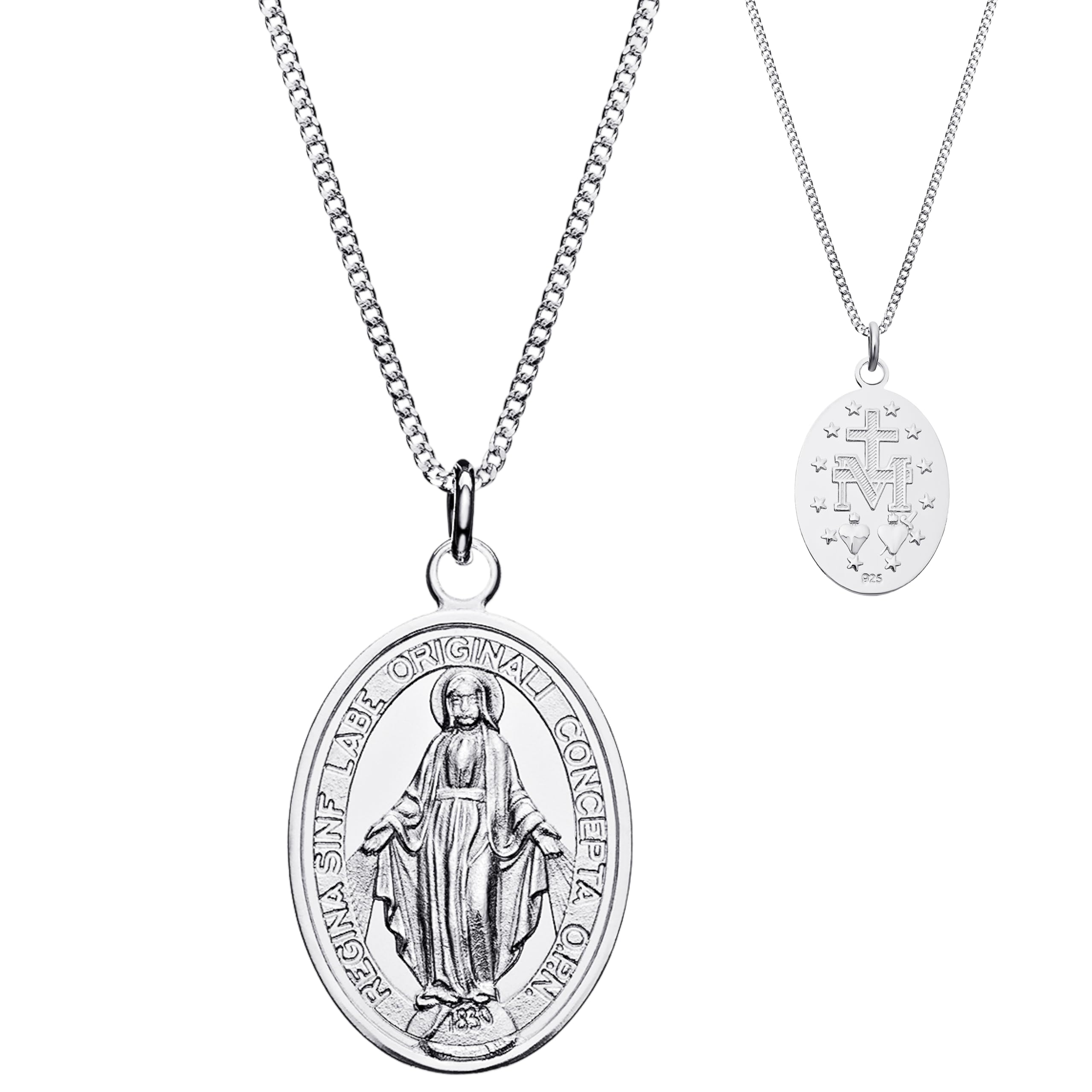 Aeon Real Sterling Silver Miraculous Medal Pendant Necklace for Women and Men. Adjustable Chain from 16 inches to 18 inches. Christian Holy Mary Medal
