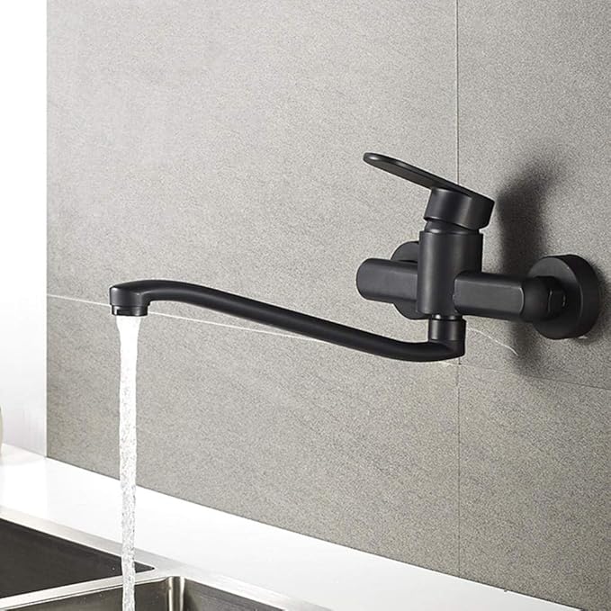 Grifo de Cocina de Pared Negro Latón Frío y Calor Giratorio Doble