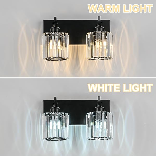 HUOKU BLACK CRYSTAL BATHROOM VANITY LIGHTS, MODERN 2-LIGHTS BATHROOM LIGHTING FIXTURES OVER MIRROR, CRYSTAL WALL LIGHTING WITH ROUND SHADE