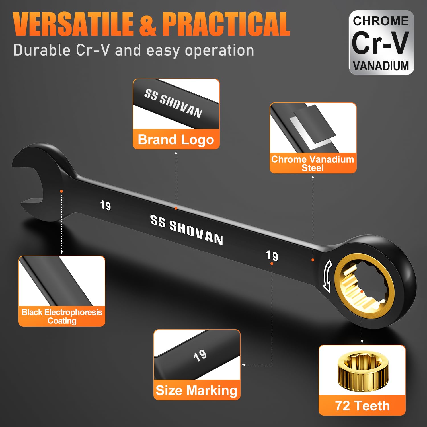 ss shovan 8TLG Ratschenschlüssel Set 8-19 mm, Ringmaulschlüssel Maulschlüssel Set mit 72 Zähne, Cr-V mit Aufbewahrungsbox, Metrisch Größe 8, 10, 12, 13, 14, 15, 17, 19mm 3