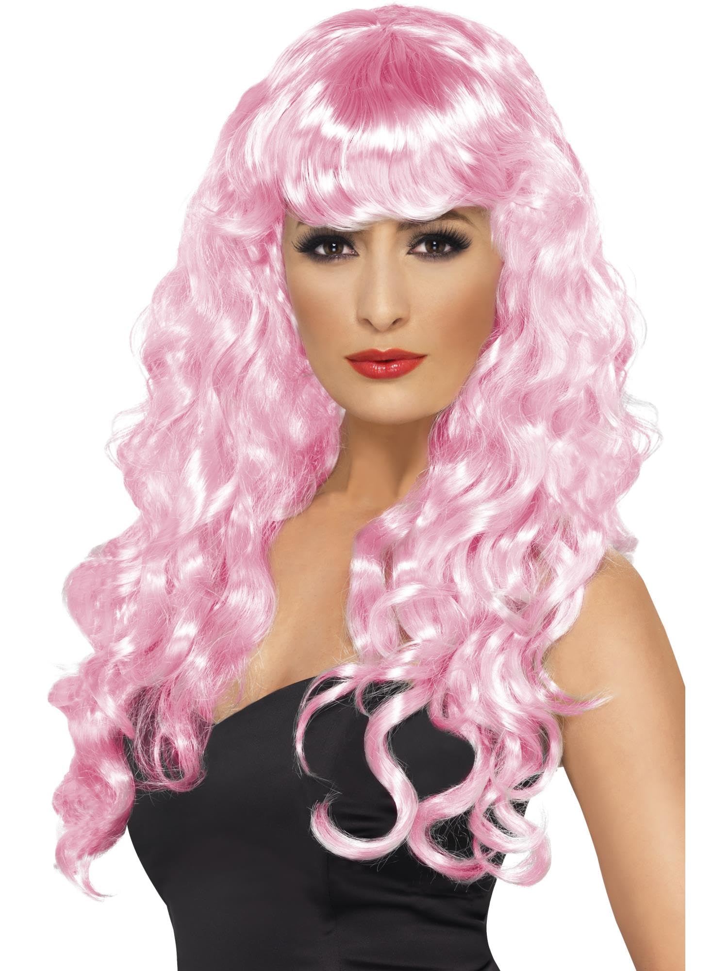Smiffys Siren Wig, Pink Long, Curly with Fringe, Ladies Glamour Wigs Fancy Dress, Adult Dress Up Wigs