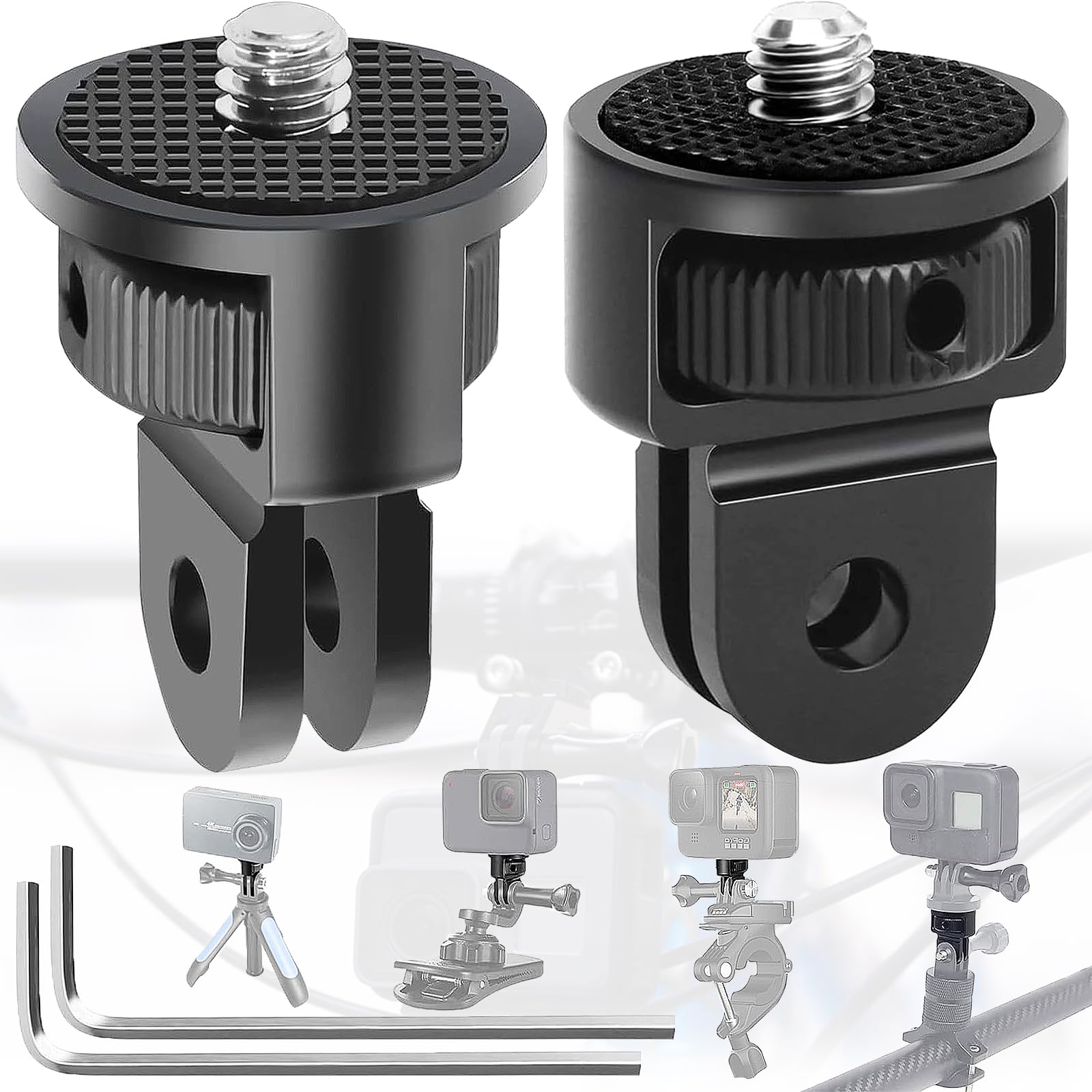 Begpoee 2 Pieces Tripod Adapter, 360° Adjustable Tripod Adapter, 1/4" Aluminum Adapter Camera Mount, Action Camera Mount, With 2 Wrenches, For GoPro, Insta360, DJI Osmo and Other Action Cameras(Black)