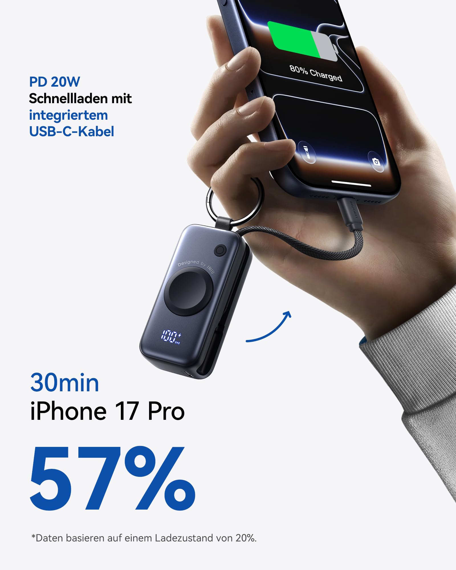 INIU Power Bank, Mini Powerbank für Apple Watch and iPhone mit USB-C Kabel, 5000mAh 20W Tragbare Externe Handyakkus, Uhrenständer Reise Gadgets Flugzeug für Apple Watch Ultra 11 10 9 SE, iPhone 17 16 3