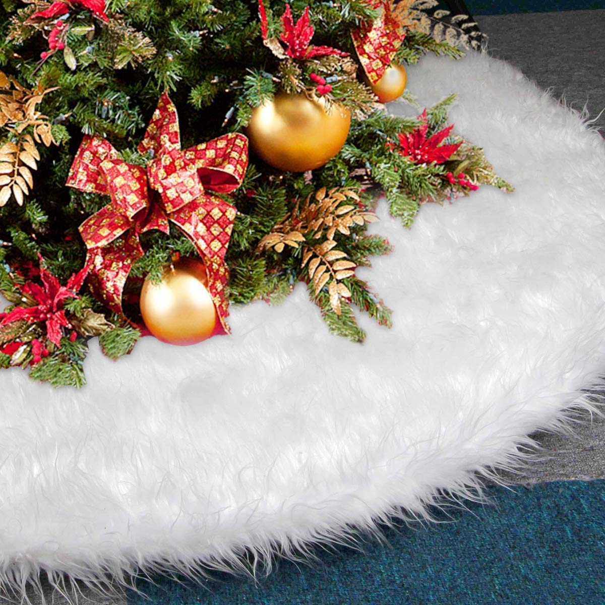 AMAUK Christmas Tree Skirt, 36 Inches White Faux Fur Tree Skirt Ornaments, Double Layer Design Merry Christmas Year Party Holiday Home Decorations