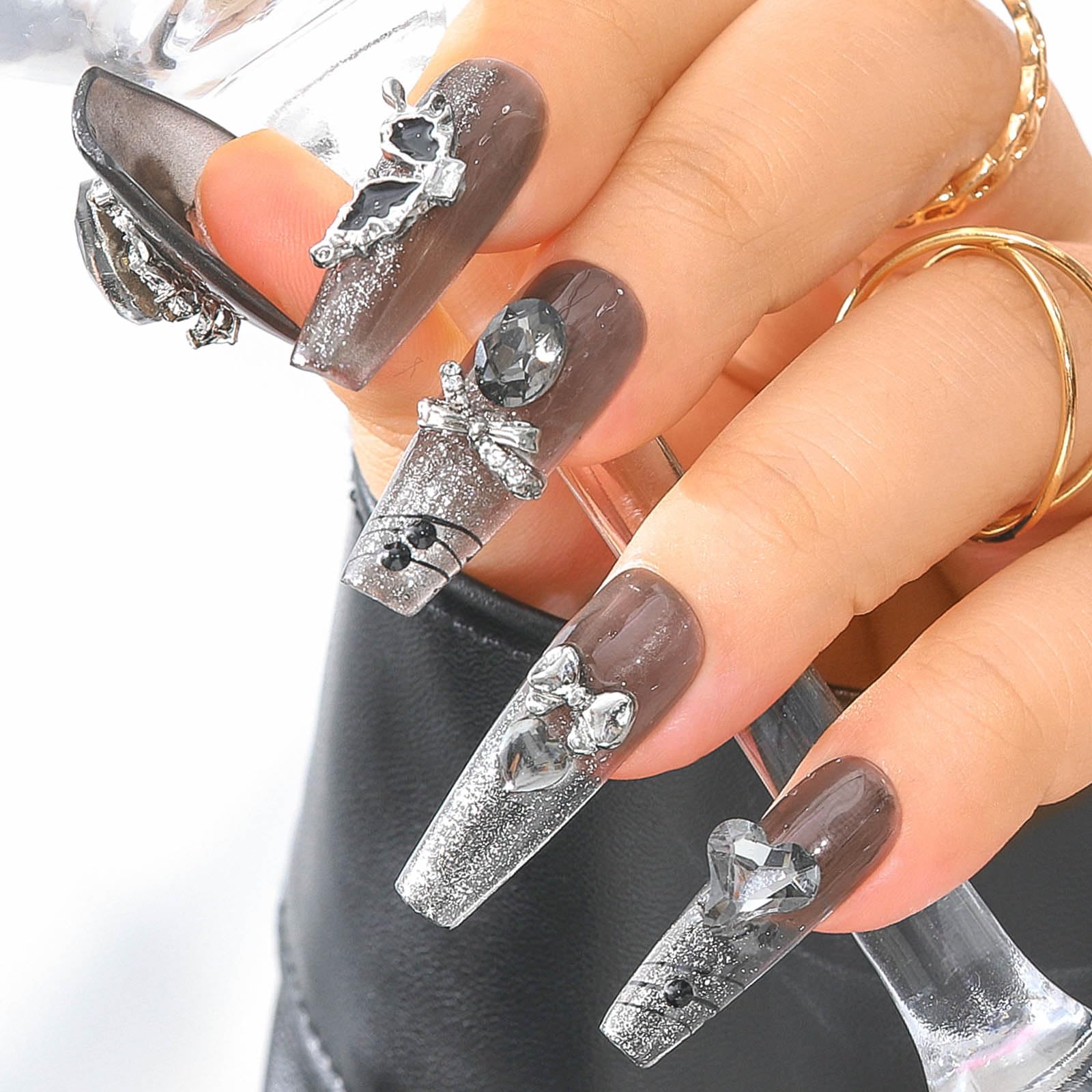 Sethexy Long Coffin Handmade False Nails - Glitter French Tip, Rhinestone, 3D Design Press on Nails Women Salon Stick on Nails 10PCS