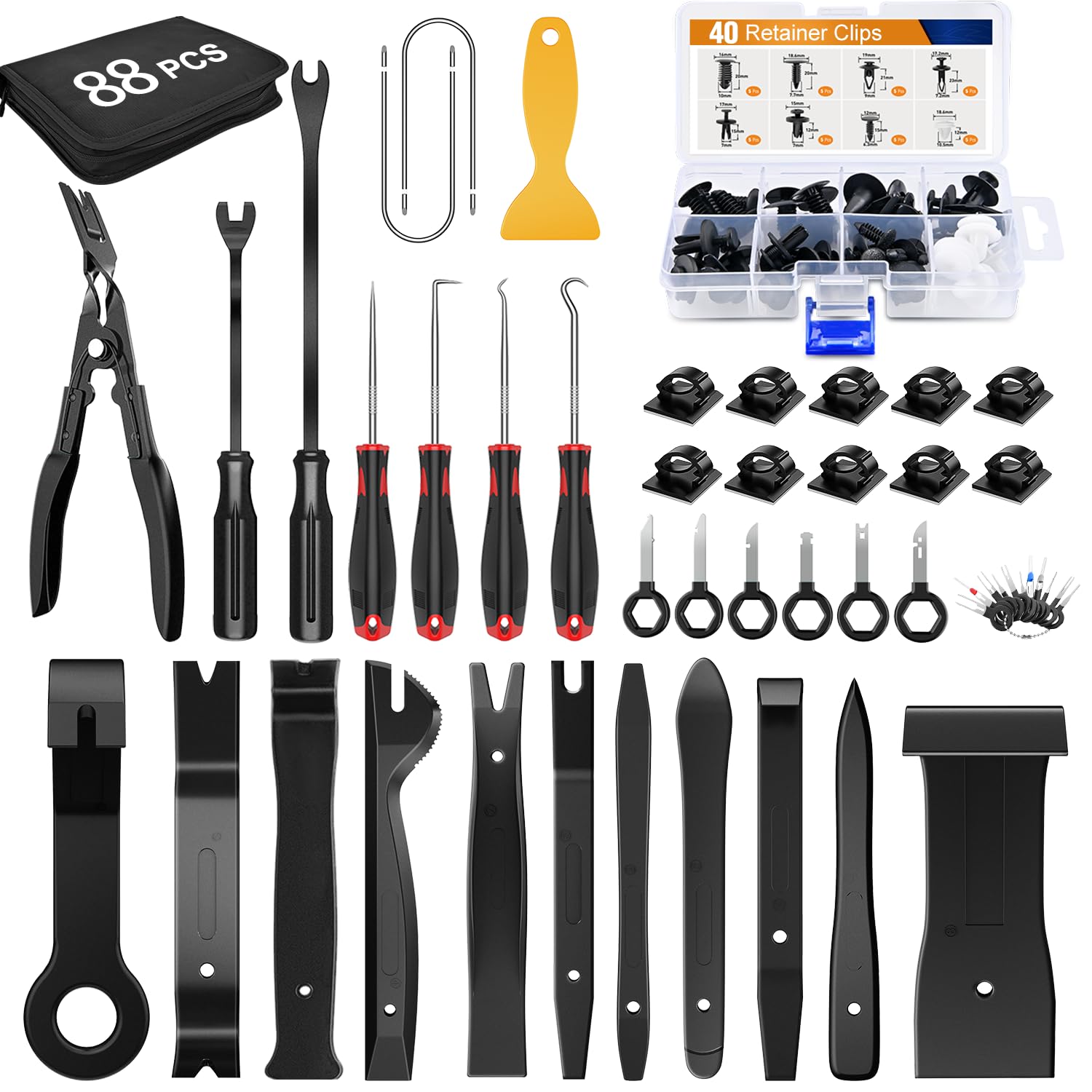 Photo 1 of GOOACC 88Pcs Trim Removal Tool, Auto Push Pin Bumper Retainer Clip Set Fastener Terminal Remover Tool Adhesive Cable Clips Removal Kit Car Panel Radio Removal Auto Clip Pliers, Black