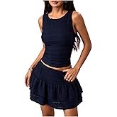 SHENHE Women's Y2k 2 Piece Outfits Coquette Lace Sleeveless Crop Tops Layered Mini Skirt Set