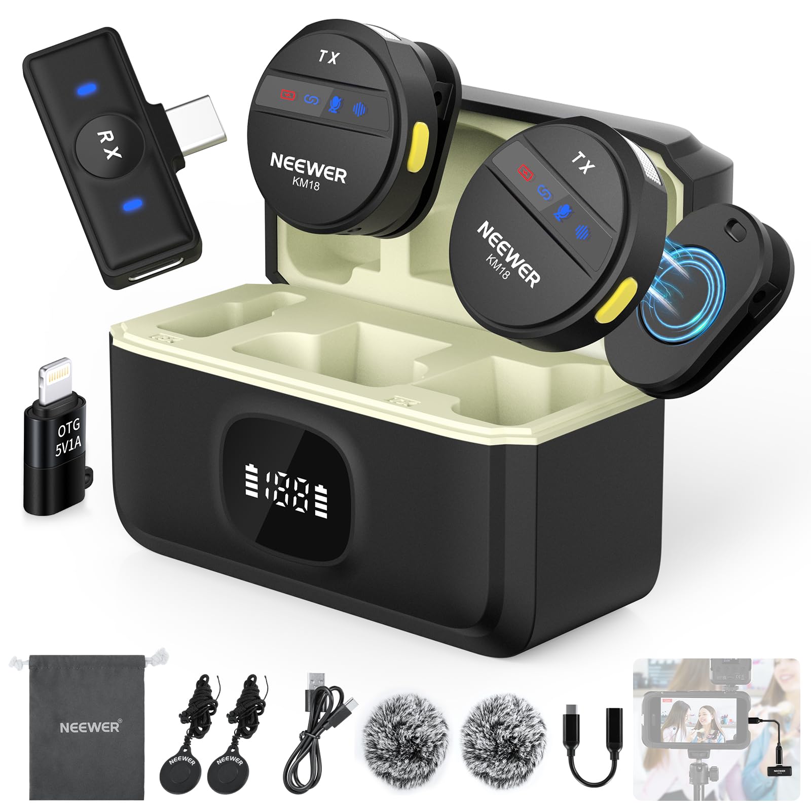 NEEWER Wireless Lavalier Microphone System Compatible with iPhone Android Phone PC Laptop Computer, Noise Cancelling Mini Lapel Mic Set with USB C OTG Charging Case 24H Battery 200m Long Range, KM18