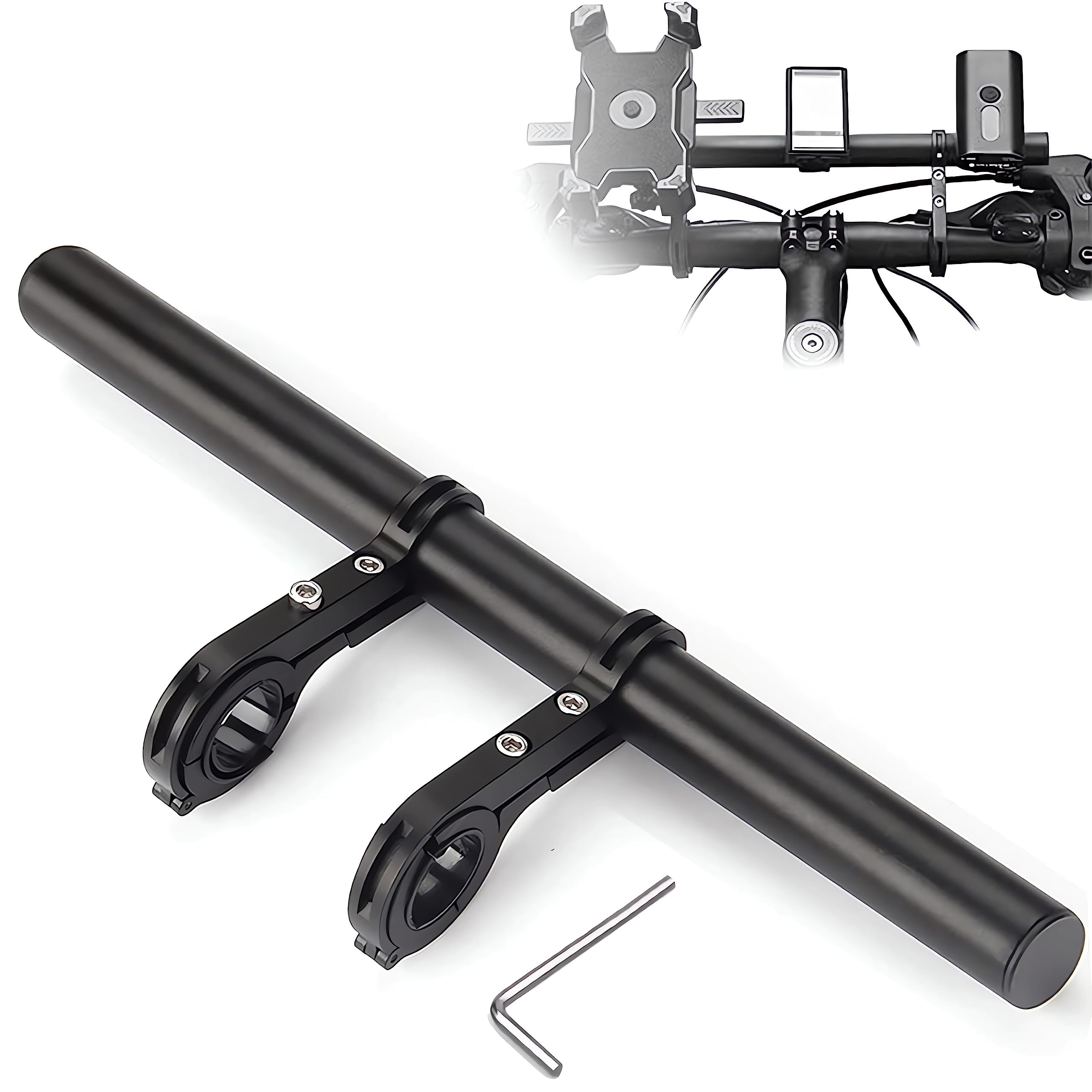 HANEVEAR Bicycle Handlebar Extension, 30 cm, Aluminium Alloy for 25-34 mm Handlebars, with Rubber Sleeves, for GPS, Camera, Torch, Phones