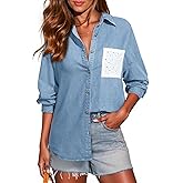 Sidefeel Women's Denim Shirt Button Down Long Sleeve Jean Shirt Shackt with Lace Pocket Denim Top