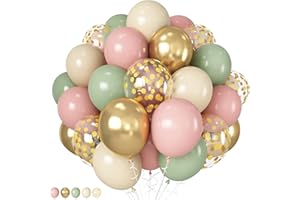 HILAVO Pink and Green Balloons Retro Sage Olive Green Pink Beige Metallic Gold Confetti Latex Balloon for Easter Jungle Safari Christmas Woodland Floral Fairy Birthday Party Decorations
