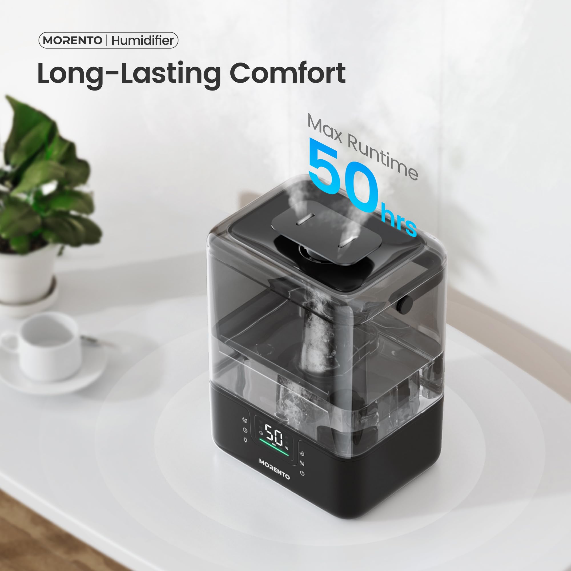 MERONTE Smart Humidifiers for Bedroom Large Room Home, 6L Cool Mist Top Fill Humidifier with Essential Oil Diffuser, Smart App & Voice Control, for Nursery & Plants, Black, 1 Pack + 7 Color NightLight