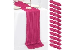 FANI 12 Pack 10Ft Hot Pink Cheesecloth Table Runner 35 x 120 inch Boho Gauze Cheese Cloth Table Runner Vintage Rustic Sheer Runners for Wedding Bridal Shower Birthday Party Cake Table Decorations