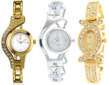 Freny Exim Silver & Golden Diamond Studded Analogue Multicolor Dial Women's & Girl's Combo of 3 Watch_Chain_Series_11