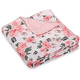 LollyBanks Muslin Baby Blanket 100% Organic Cotton, Muslin Quilt Lightweight, 6 Layers Soft Blanket for Girls, 47"x 47" Toddler Blankets, Nursery Receiving Blankets (Pink Peony Print)