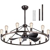 Miuyhji Farmhouse Ceiling Fan with Lights and Remote,Bronze Fandelier,Wagon Wheel Chandelier with Fan,44 Inch Rustic Fans for
