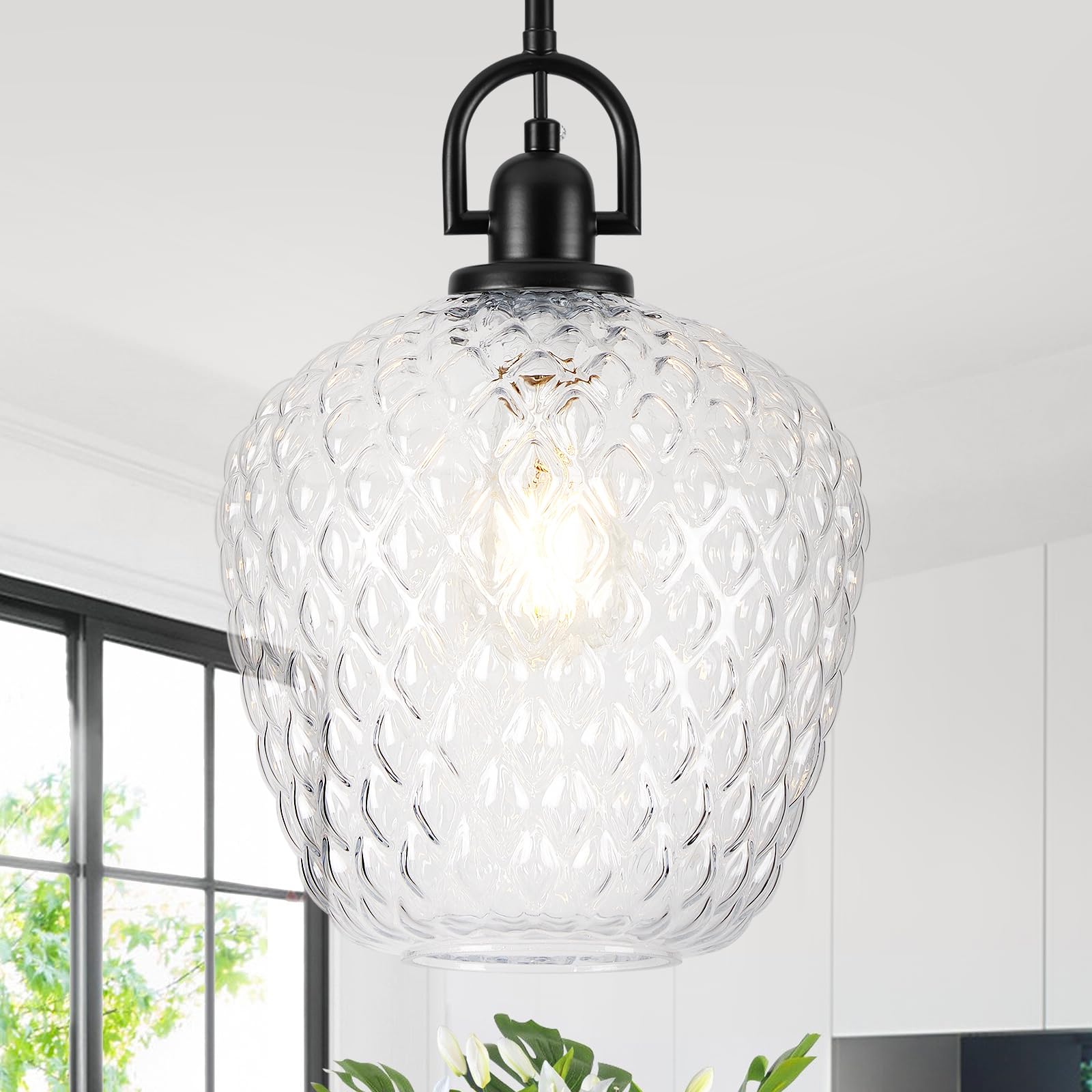 Photo 1 of SADUENFR Large Glass Pendant Lights Kitchen Island, 10" 1-Light Black Pendant Light Fixtures with Hammered Glass, Modern Hanging Light for Kitchen Island Dining Room Entryway Foyer
