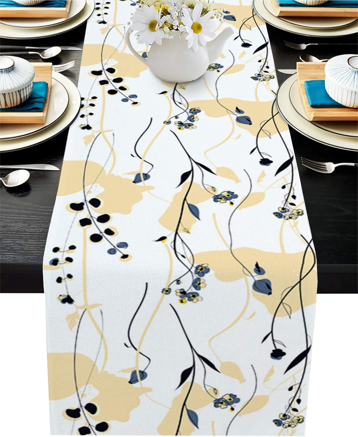 Artwork Store Yellow Flower Cotton Linen Table Runner Dresser Scarves,Spring Florals Table Runners for Dinning Table,Farmhouse Kitchen Decor,Holiday Dinner Decoration-13x70 Inch