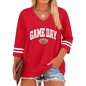 QAUN Womens Game Day Football T Shirts Plus Size 3/4 Sleeve V Neck Football Mom Tops Sunday Funday Gameday Tees