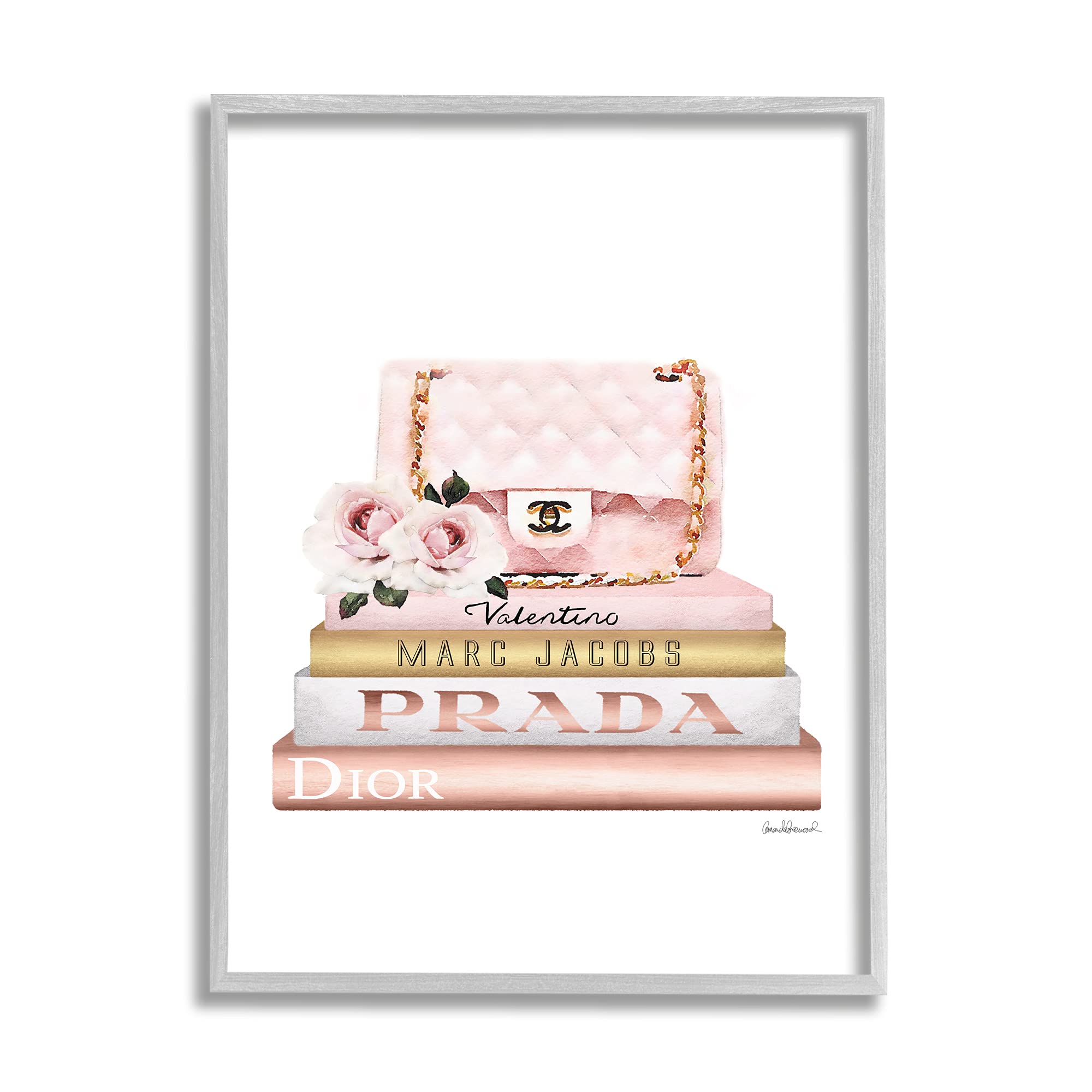Photo 1 of Stupell Industries Pink Purse Gold Bookstack Glam Fashion Watercolor Design, Designed by Amanda Greenwood Wall Art, 11 x 1.5 x 14, Grey Framed