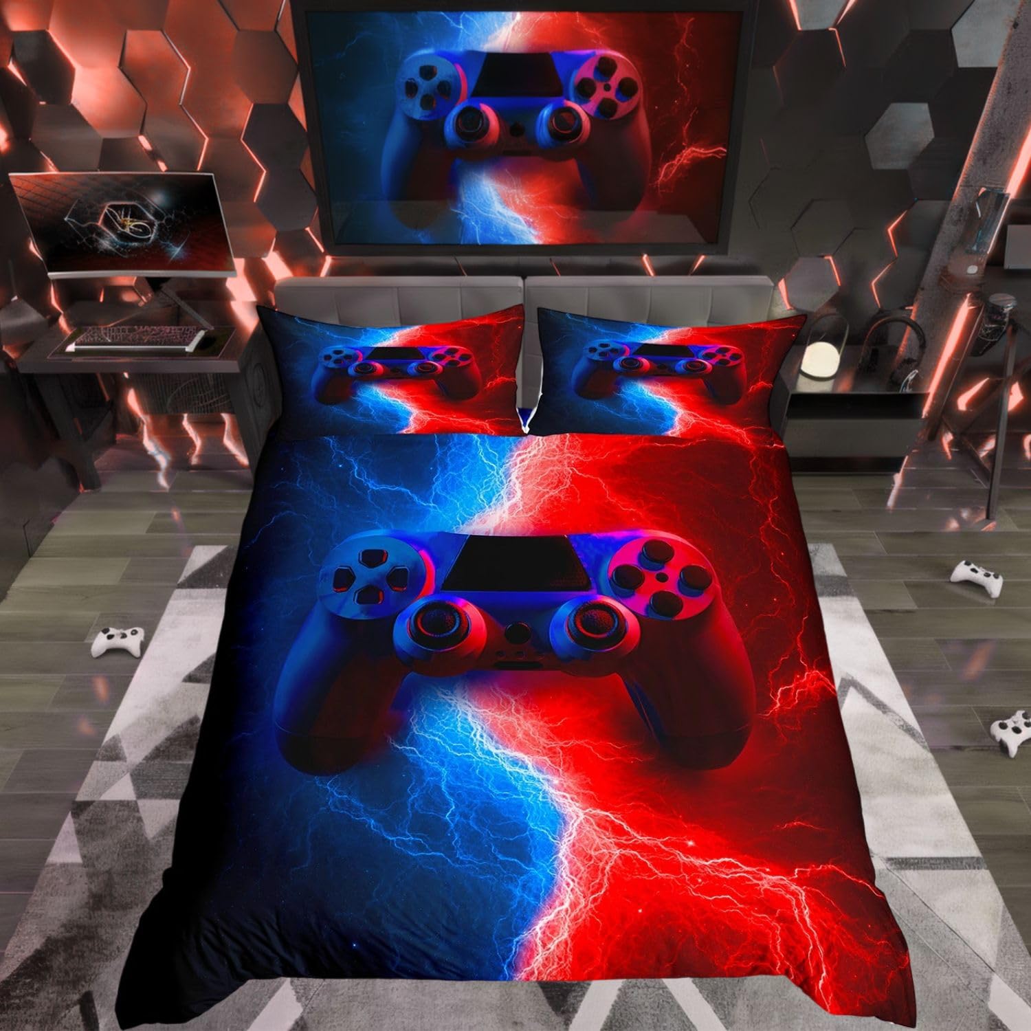 Homewish Gamer Gaming Bedding Sets King Size,Lightnings Gamepad Duvet Cover, Video Games Comforter Cover for Kid Teens Boys and girls Man, Modern Bedroom Decor 3 Pcs Bedding Set,Red Blue — image 1