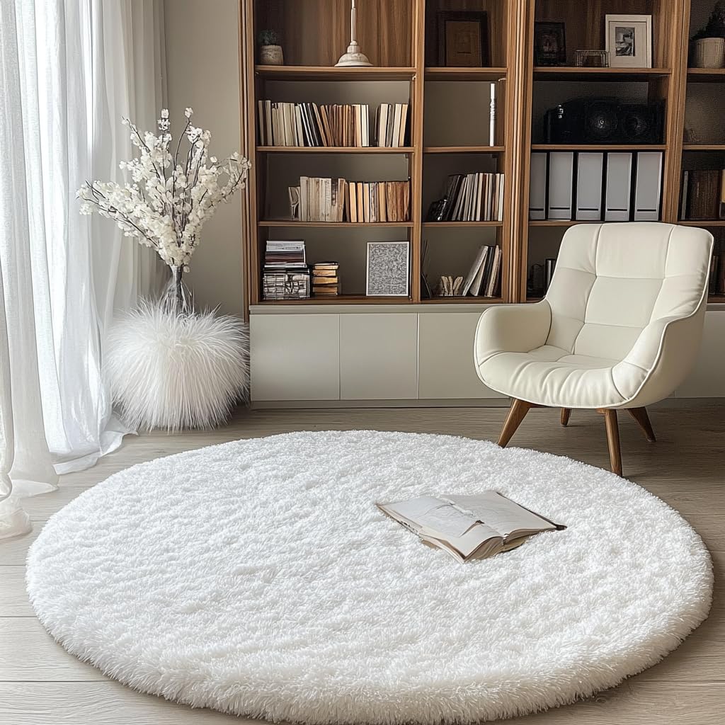 Tenekee Round Rugs for Bedrooms Fluffy Living Room Circle Area Rug Soft Shaggy Carpet for Kids Room Floor Mat (White, 160cm)