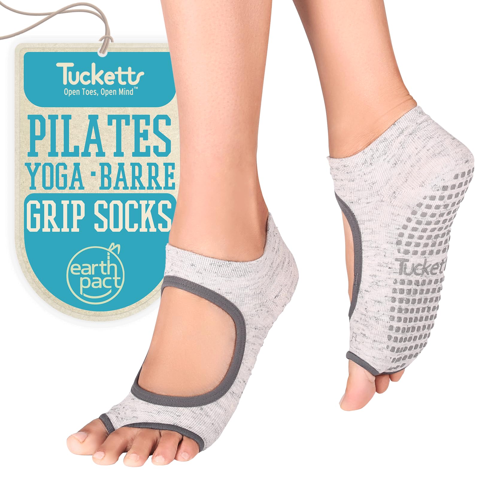 Tucketts Allegro Toeless Non-Slip Grip Socks, Made in Colombia, Mary Jane Style Perfect for Yoga, Barre, Pilates, One Size Fits Most, 1 Pair, Grey Static