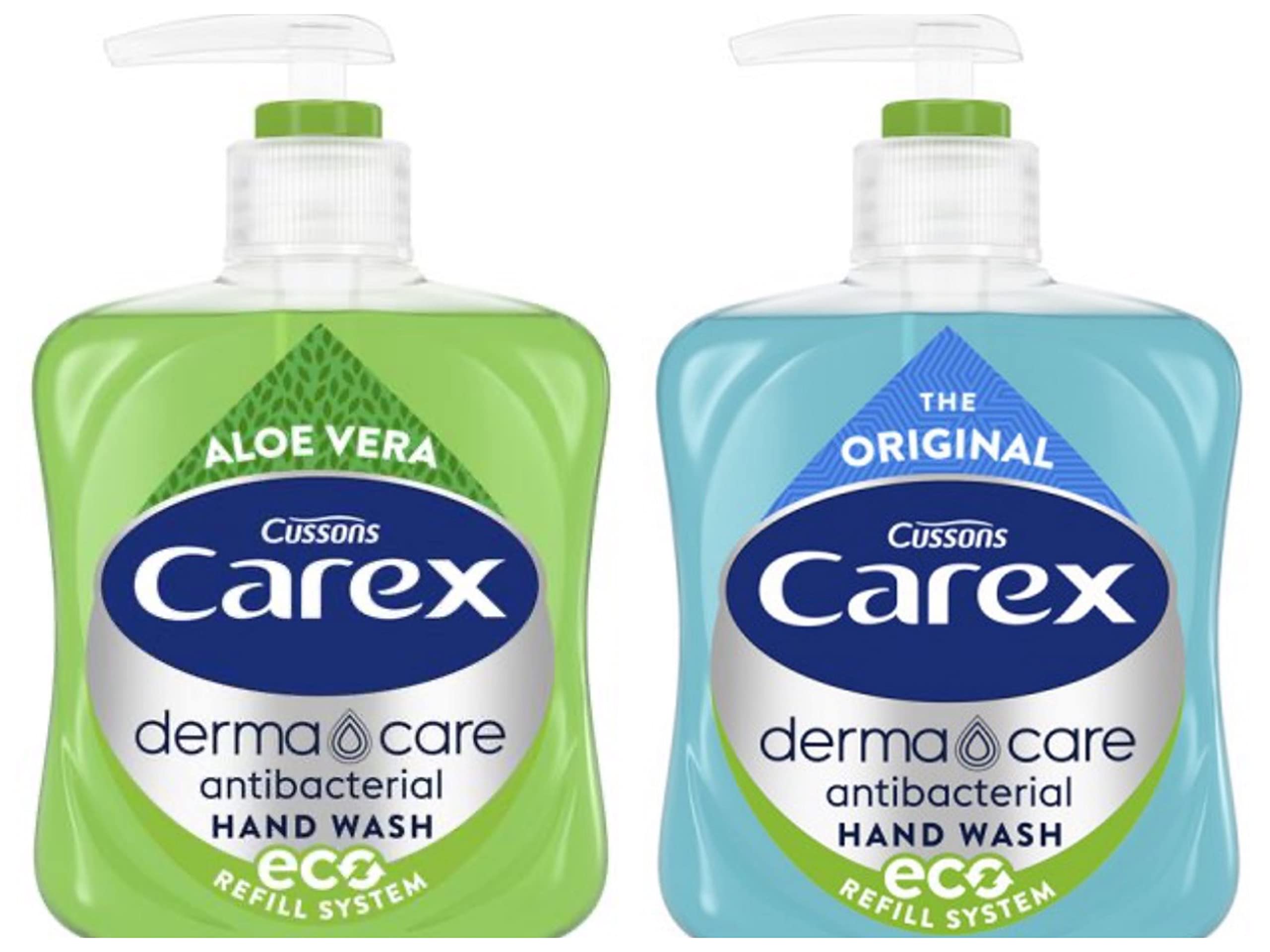 Carex Antibacterial Hand Wash Derma Care Original and Aloe Vera Set 2 x 250ml Eco Refill System Bottles