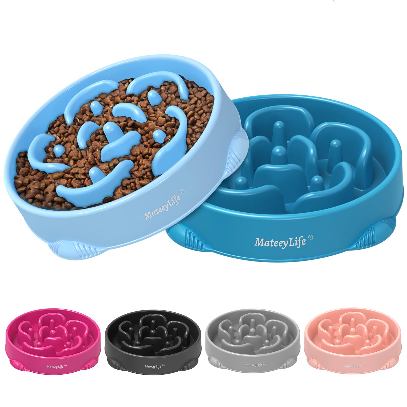 MateeyLife Dog Bowls 2-Pack, Anti-Choking Puzzle Feeder for Large Dogs, Slow Down Eating, LightBlue&DarkBlue 4 Cups(10.43 In)
