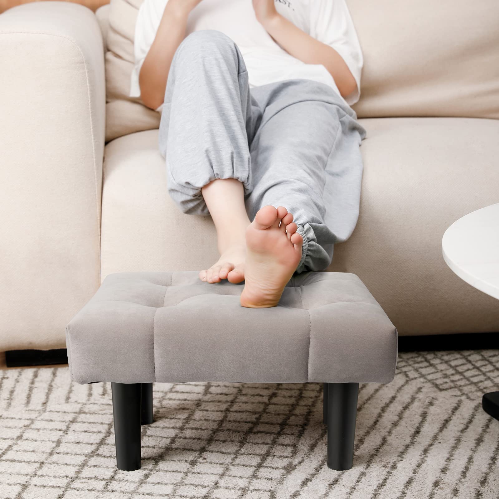 Photo 1 of HOUCHICS Small Footstool Ottoman, Velvet Wooden Foot Stool Ottoman with Wood Legs, Sofa Footrest Extra Seating for Living Room Entryway Office(Grey 1PACK)