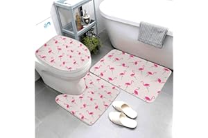 Jbofyee Flamingos Print 3 Piece Bathroom Rugs Set, Bath Mat + Contour Mat + Toilet Seat Cover, Non-Slip Soft Microfiber Bathmat for Tub Shower Room Decor, Machine Washable