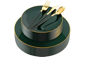 Liacere 150PCS Green Plastic Plates - Gold Plastic Silverware with Green Handle - Heavy Duty Fancy Plastic Plates Disposable Include 30 Guests Plates, Forks, Spoons, Knives for wedding＆Christmas