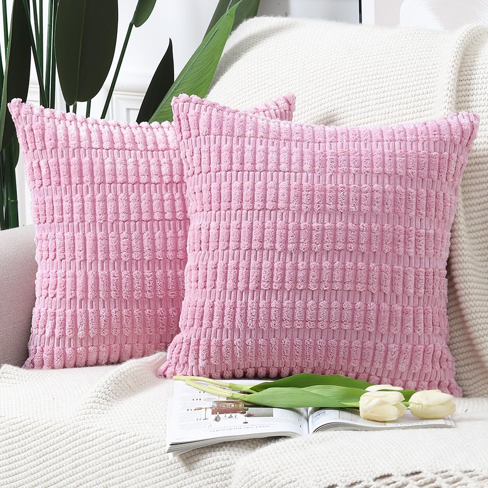 Madizz Pack of 2 Boho Striped Corduroy Throw Pillow Covers 24x24 inch, 60x60 cm, Pink Soft Decorative Cushion Cover for Sofa Bedroom Pillow Shell — image 1