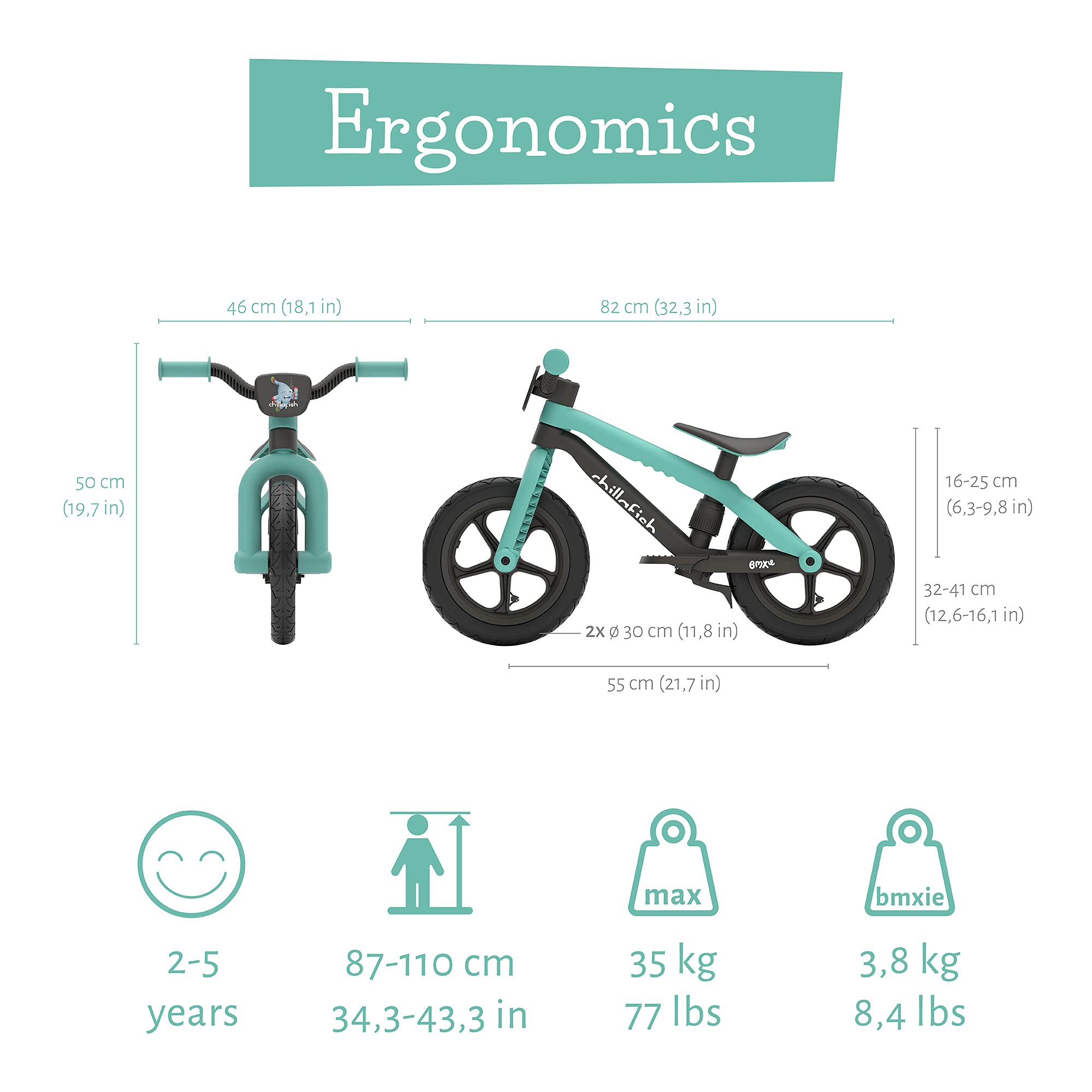 Chillafish Bmxie² Lightweight Balance Bike with Integrated Footrest and Footbrake for Kids Ages 2 to 5 Years, 12-inch Airless Rubberskin Tires, Adjustable Seat Without Tools, Minth